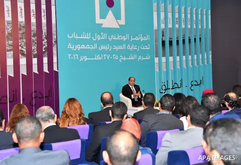 Egyptian President Abdel Fattah al-Sisi speaks during the the first national youth conference in the Red Sea resort of Sharm Al-Sheikh, in the South Sinai governorate, south of Cairo, Egypt, on Oct. 26, 2016. Photo by Eg...