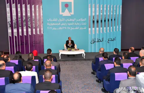 Egyptian President Abdel Fattah al-Sisi speaks during the the first national youth conference in the Red Sea resort of Sharm Al-Sheikh, in the South Sinai governorate, south of Cairo, Egypt, on Oct. 26, 2016. Photo by Eg...