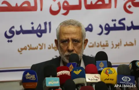 Palestinian leader of the Islamic Jihad Movement, Mohammed El-Hendi speaks during a press conference, in Gaza city, on November 5, 2016. Photo by Mohammed Asad