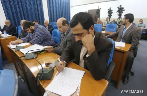Members of the Palestinian legislative council from Hamas movement attend a meeting at the legislative council in Gaza city, on November 9, 2016. Photo by Mohammed Asad