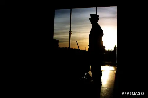 A Palestinian honor guard stand guard at the tomb of the late Palestinian leader Yasser Arafat during the inauguration ceremony of late Palestinian leader Yasser Arafat's Museum in the West Bank city of Ramallah on Novem...