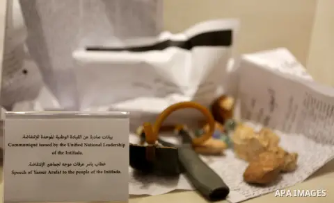 A picture shows a speech of Yasser Arafat to the people of the Intifada and communique issued by the unified national Leadership of the Intifada at the late Palestinian leader Yasser Arafat's Museum in the West Bank city...