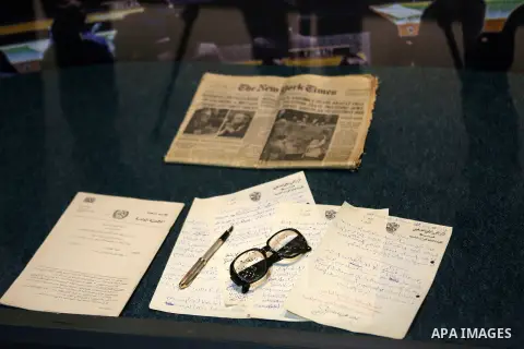 A picture shows Yasser Arafat's Prescription eyeglasses at the late Palestinian leader Yasser Arafat's Museum in the West Bank city of Ramallah on November 9, 2016. The Yasser Arafat Museum opened in Ramallah, shedding l...