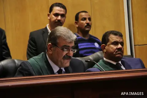 Judges attend the trial of Alaa and Gamal Mubarak, the sons of former former president Hosni Mubarak in Cairo on November 19, 2016. Cairo Criminal Court held at Police Academy adjourned Gamal and Alaa Mubarak trial in ''...