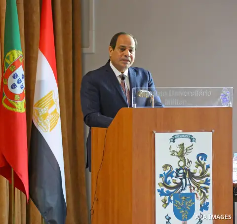 Egyptian President Abdel Fattah al-Sisi speaks during his visits to Portuguese military academy in Lisbon, Portugal, 22 November 2016. Photo by Egyptian President Office