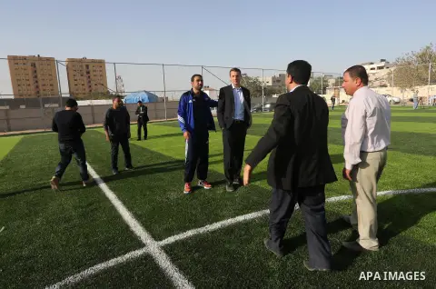 Alexander Gross, the development of FIFA's program in Asia director attends the inauguration ceremony of play field in Gaza city, on Nov. 23, 2016. Photo by Mohammed Asad