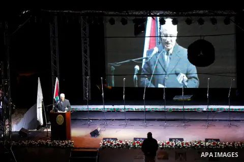 Palestinian Prime Minister, Rami Hamdallah, attends the lighting of the Christmas tree on December 3, 2016 at the Manger Square near the Church of the Nativity, revered as the site of Jesus Christ's birth, in the biblica...