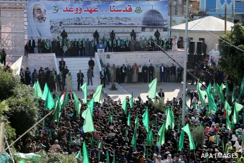 Senior Hamas leader Khalil al-Hayah gives a speech during a rally marking the 29th anniversary of Hamas foundation, in Jabalia in the northern of Gaza Strip, on December 09, 2016. Photo by Mohammed Asad