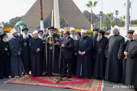 Egyptian President Abdel Fattah al-Sisi gives a speech during the funeral of the victims of a bomb explosion that targeted a Coptic Orthodox Church in Cairo, on December 12, 2016. Photo by Egyptian President Office