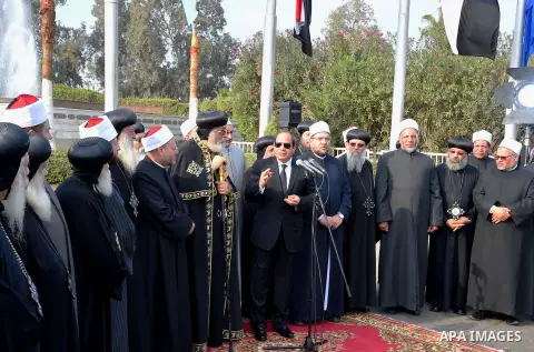 Egyptian President Abdel Fattah al-Sisi gives a speech during the funeral of the victims of a bomb explosion that targeted a Coptic Orthodox Church in Cairo, on December 12, 2016. Photo by Egyptian President Office
