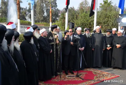 Egyptian President Abdel Fattah al-Sisi gives a speech during the funeral of the victims of a bomb explosion that targeted a Coptic Orthodox Church in Cairo, on December 12, 2016. Photo by Egyptian President Office
