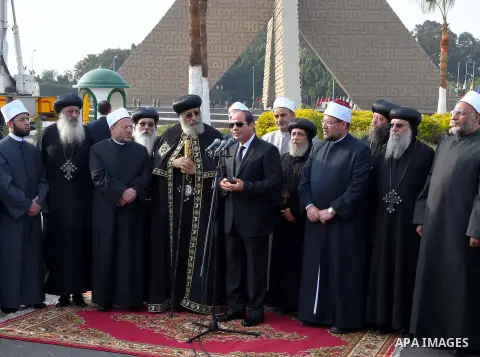 Egyptian President Abdel Fattah al-Sisi gives a speech during the funeral of the victims of a bomb explosion that targeted a Coptic Orthodox Church in Cairo, on December 12, 2016. Photo by Egyptian President Office