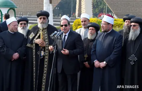 Egyptian President Abdel Fattah al-Sisi gives a speech during the funeral of the victims of a bomb explosion that targeted a Coptic Orthodox Church in Cairo, on December 12, 2016. Photo by Egyptian President Office