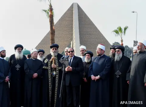 Egyptian President Abdel Fattah al-Sisi gives a speech during the funeral of the victims of a bomb explosion that targeted a Coptic Orthodox Church in Cairo, on December 12, 2016. Photo by Egyptian President Office