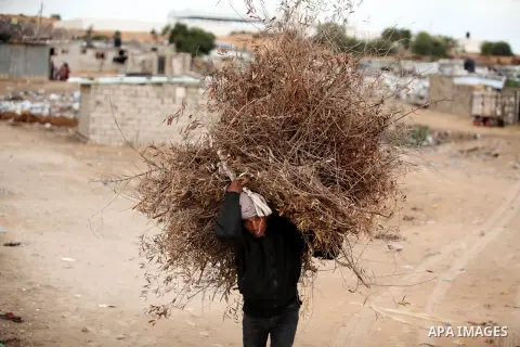 A Palestinian woman collects wood for fire during the winter storm in Khan Younis, in the southern Gaza Strip on December 14, 2016. Photo by Ashraf Amra