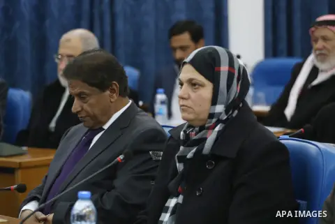 Members of the Palestinian legislative council from Hamas movement attend a meeting at the legislative council in Gaza city, on December 21, 2016. Photo by Mohammed Asad