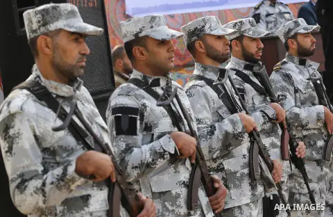 Palestinian Hamas naval security forces take part in the opening ceremony of the first headquarters a newly created marine police unit, in Gaza City, on December 22, 2016. Photo by Mohammed Asad