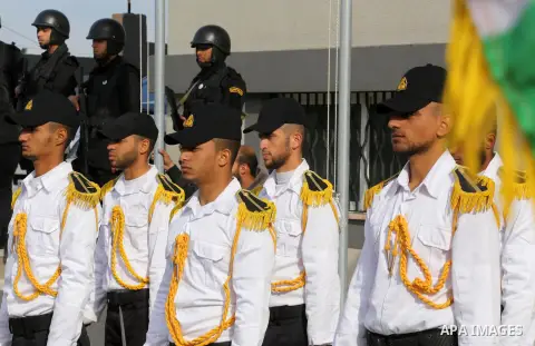 Palestinian Hamas naval security forces take part in the opening ceremony of the first headquarters a newly created marine police unit, in Gaza City, on December 22, 2016. Photo by Mohammed Asad