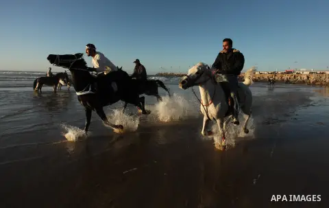 Palestinian men ride their horse as they enjoy the last sunset of 2016 at the beach of Gaza city, on the December 31, 2016. Photo by Ashraf Amra