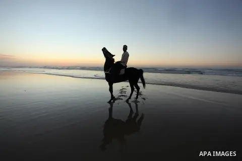 A Palestinian man rides his horse as he enjoy the last sunset of 2016 at the beach of Gaza city, on the December 31, 2016. Photo by Ashraf Amra