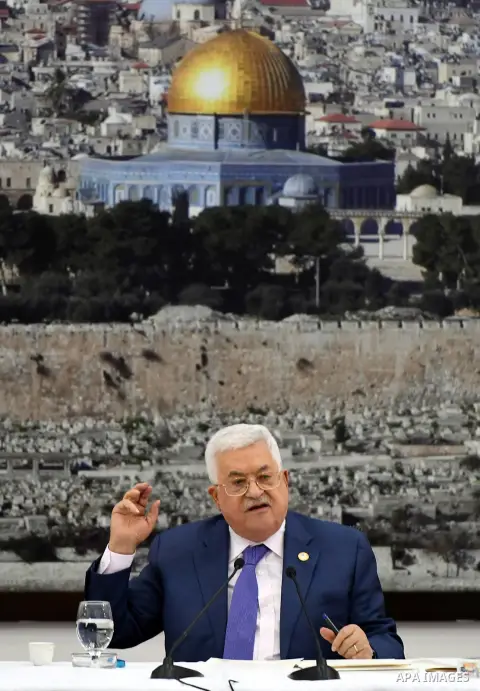 Palestinian President Mahmoud Abbas chairs a meeting of the Palestinian leadership at the presidential compound in the West Bank city of Ramallah on July 25, 2109. Abbas has announced that all standing agreements with Is...