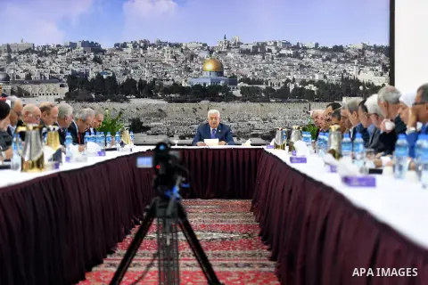 Palestinian President Mahmoud Abbas chairs a meeting of the Palestinian leadership at the presidential compound in the West Bank city of Ramallah on July 25, 2109. Abbas has announced that all standing agreements with Is...