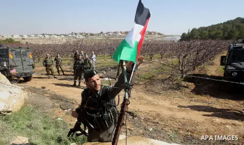 An Israeli border policeman removes the Palestine flag during a demonstration against the construction of Jewish settlements in the occupied West Bank city of Hebron, on February 10, 2017. Photo by Wisam Hashlamoun