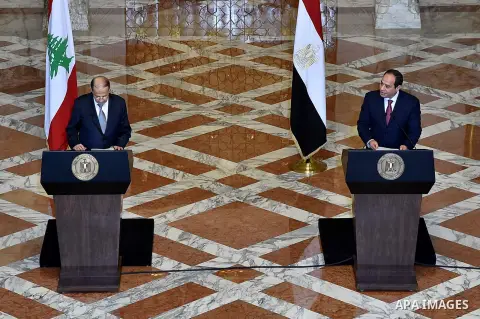 Egyptian President Abdel Fattah al-Sisi and Lebanese President Michel Aoun attend a joint a press conference at the Presidential palace in Cairo on February 13, 2017. Aoun started his first visit to Cairo since his elect...