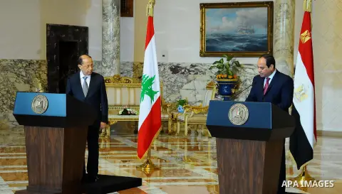 Egyptian President Abdel Fattah al-Sisi and Lebanese President Michel Aoun attend a joint a press conference at the Presidential palace in Cairo on February 13, 2017. Aoun started his first visit to Cairo since his elect...