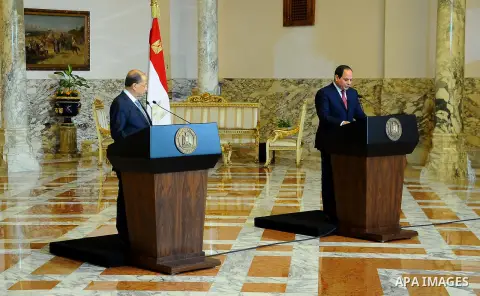 Egyptian President Abdel Fattah al-Sisi and Lebanese President Michel Aoun attend a joint a press conference at the Presidential palace in Cairo on February 13, 2017. Aoun started his first visit to Cairo since his elect...