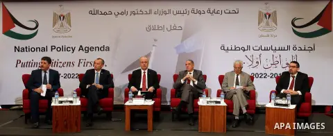 Palestinian Prime Minister Rami Hamdallah attends the launching ceremony of national policy agenda, in the West Bank city of Ramallah, on February 22, 2017. Photo by Prime Minister Office