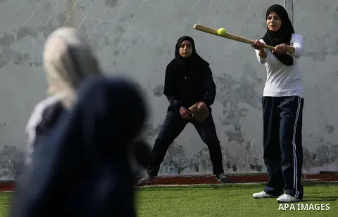 Palestinian girls take part in Baseball training, in Gaza city, on February 20, 2017. Baseball is a bat-and-ball game played between two teams of nine players each, who take turns batting and fielding. Baseball is though...