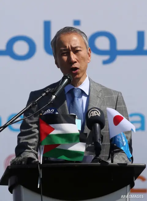 Japanese ambassador for Palestinian Affairs, Takeshi Okubo speaks during an event organised by the United Nations Relief and Works Agency (UNRWA) to mark the the sixth anniversary of the Tohoku earthquake and tsunami tha...