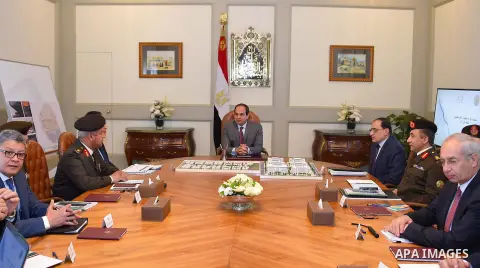 Egyptian President Abdel Fattah al-Sisi meets with Mustafa Madbouli, Housing Minister in Cairo, Egypt , on March 6, 2017. Photo by Egyptian President Office