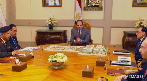 Egyptian President Abdel Fattah al-Sisi meets with Mustafa Madbouli, Housing Minister in Cairo, Egypt , on March 6, 2017. Photo by Egyptian President Office