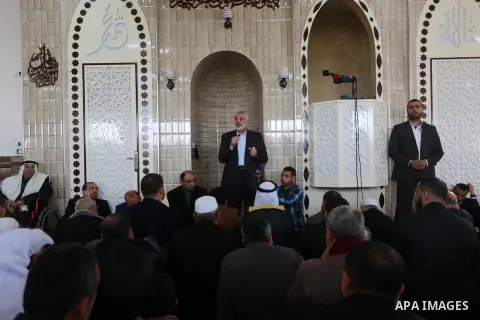 Senior political Hamas leader Ismail Haniya speaks during the opening of a new mosque in Beit Lahiya in the northern Gaza strip on March 10, 2017. Photo by Mohammed Asad