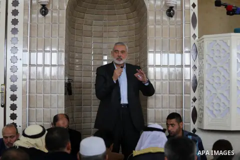 Senior political Hamas leader Ismail Haniya speaks during the opening of a new mosque in Beit Lahiya in the northern Gaza strip on March 10, 2017. Photo by Mohammed Asad