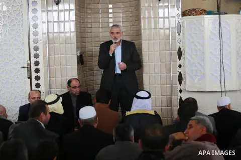 Senior political Hamas leader Ismail Haniya speaks during the opening of a new mosque in Beit Lahiya in the northern Gaza strip on March 10, 2017. Photo by Mohammed Asad