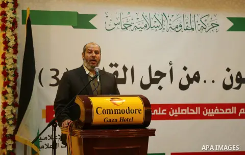senior political leader of the Islamist movement Khalil al-Hayah speaks during the honoring ceremony of Palestinian journalists whose won a world prizes which organized by Hamas movement, in Gaza city on March 14, 2017....