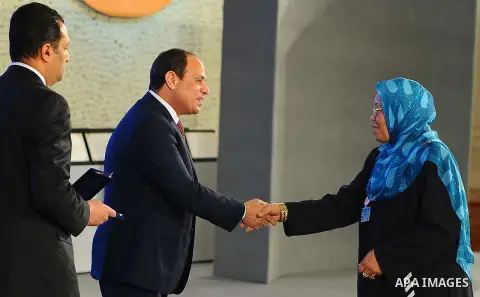 Egyptian President Abdel Fattah al-Sisi takes part in a celebration of the Egyptian Women's Day in Cairo, Egypt, on March 21, 2017. Photo by Egyptian President Office