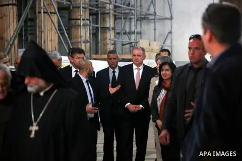 Slovakia's President Andrej Kiska visits the Church of the Nativity in the West Bank city of Bethlehem, March 28, 2017. Photo by Wisam Hashlamoun