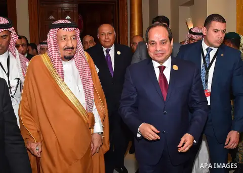 Egypt's President Abdel Fattah al-Sisi meets with Saudi Arabia's King Salman bin Abdulaziz al-Saud, on the sideline of the 28th Summit of the Arab League at the Dead Sea, Jordan March 29, 2017. Photo by Egyptian Presiden...