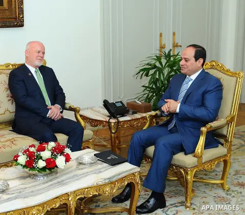 Egyptian President Abdel Fattah al-Sisi meets with United Nations General Assembly President Peter Thomson, in Cairo, Egypt on April 01, 2017. Photo by Egyptian President Office