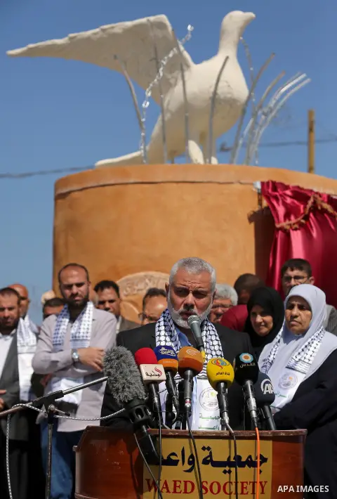 Senior political leaders of the Islamist movement, Ismail Haniyeh speaks during the opening ceremony of monument of Palestinian prisoners held in Israeli jails, in the northwest of Gaza city on April 01, 2017. Photo by A...
