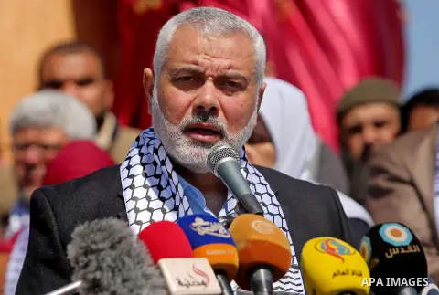 Senior political leaders of the Islamist movement, Ismail Haniyeh speaks during the opening ceremony of monument of Palestinian prisoners held in Israeli jails, in the northwest of Gaza city on April 01, 2017. Photo by A...
