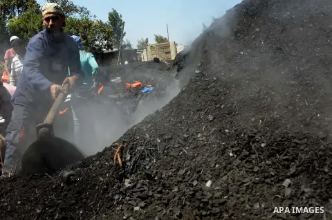 Egyptian workers collect a coal at a work field in Zagazig, Sharqiya Governorate, about 62.5 km (38.8 miles) northeast of Cairo, on April 5, 2017. Photo by Amr Sayed