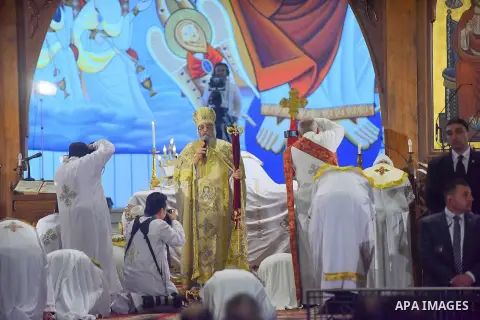 Pope Tawadros II leads an Easter Eve mass at the St. Mark church in Cairo April 15, 2017. Photo by Amr Sayed