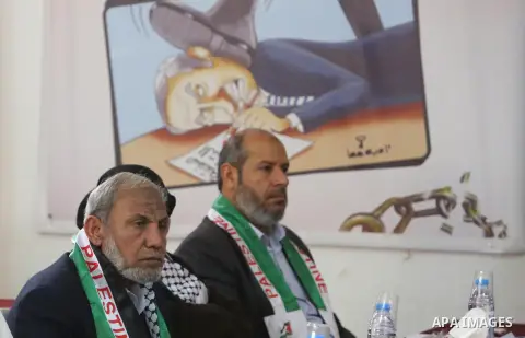 Palestinian Hamas leaders attend a meeting, in Gaza City on April 17, 2017. Photo by Ashraf Amra