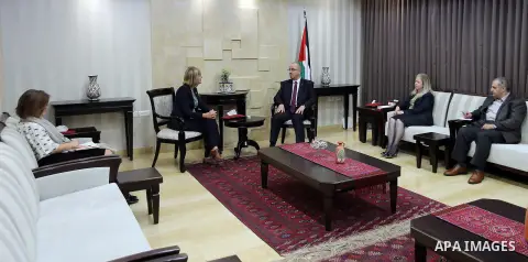 Palestinian Prime Minister Rami Hamdallah meets with Representative of Norway to Palestine Hilde Haraldstad, in the West Bank city of Ramallah on April 19, 2017. Photo by Prime Minister Office