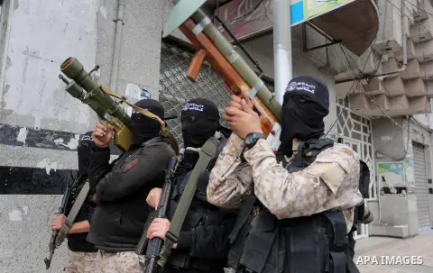 Members of al-Mujahideen brigades, the military wing of al-Mujahideen movement, attend a press conference, in Gaza city on April 24, 2017. Photo by Mohammed Asad